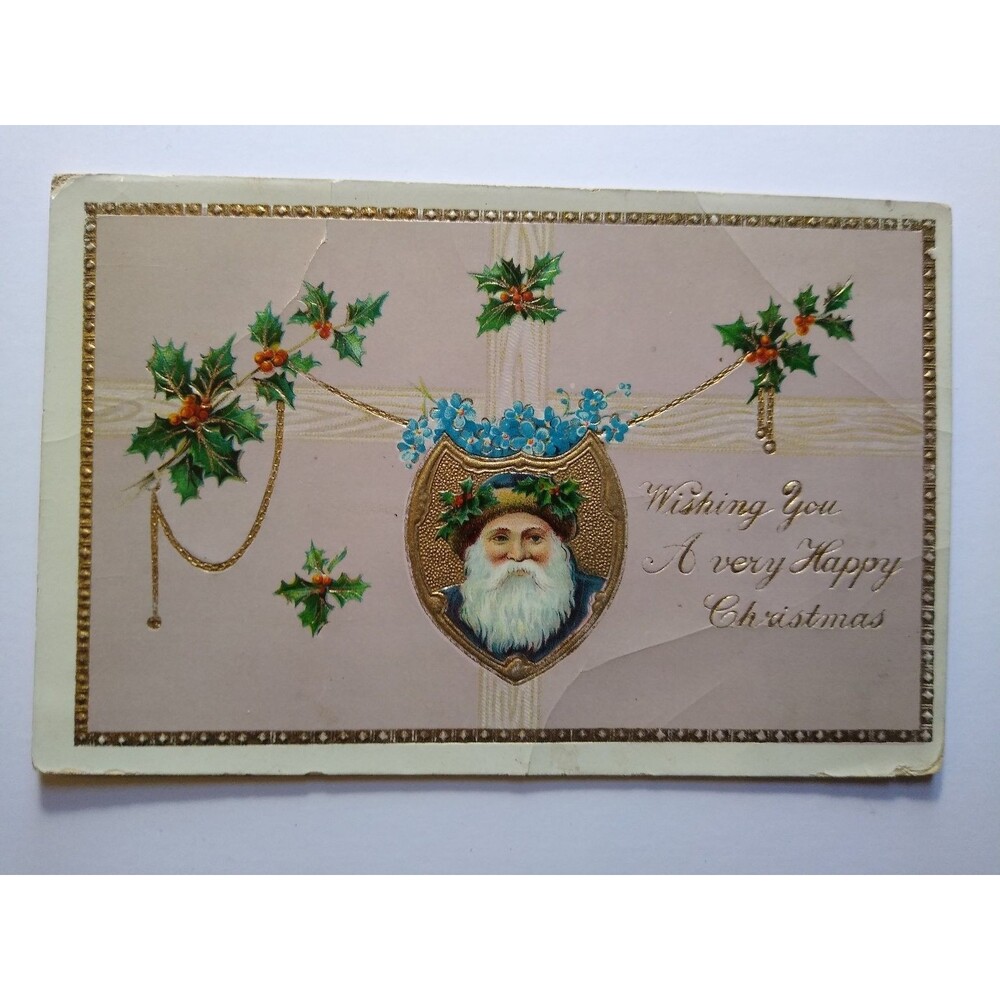 Vintage Santa Claus Christmas Postcard 1912 Embossed Holly Forget-Me-Nots Gel
